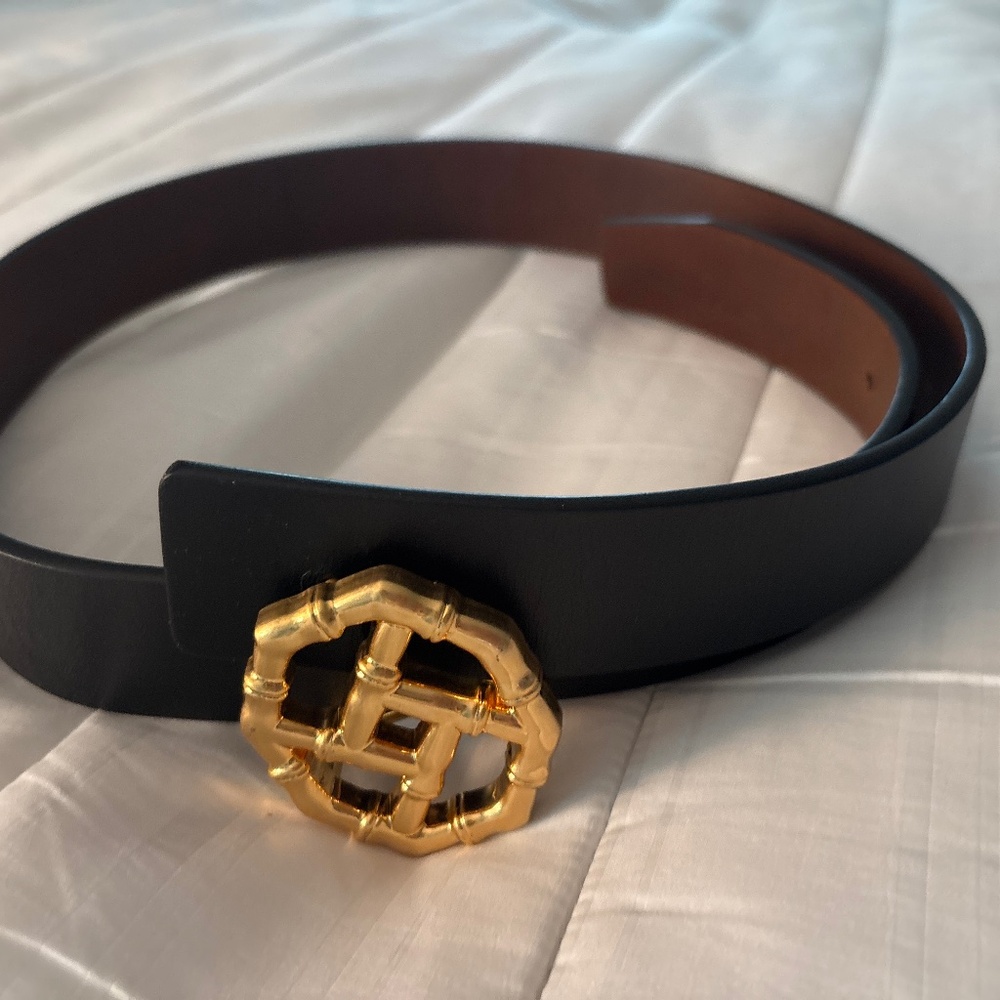 Leather belt with gold bamboo buckle